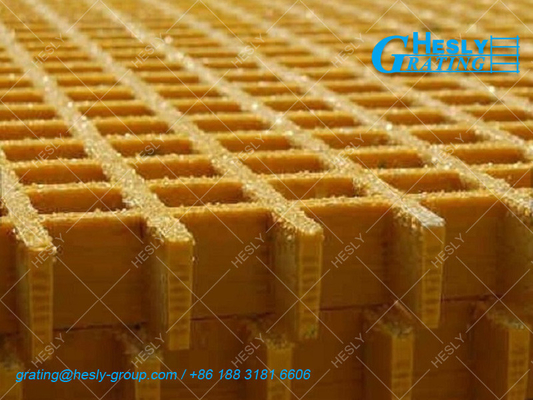 GRP Molded Grating, Gritted Surface, Color Yellow, 25mm thickness, square hole 25X25mm, Factory supplier China