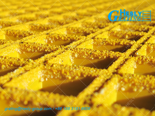 GRP Moulded Grating, 38mm thickness, 38X38mm square hole, Gritted Surface, Yellow, 1X1m sheet, HeslyGrating-China