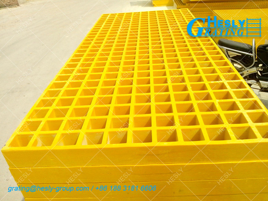 GRP Moulded Grating, 38mm thickness, 38X38mm square hole, Gritted Surface, Yellow, 1X1m sheet, HeslyGrating-China