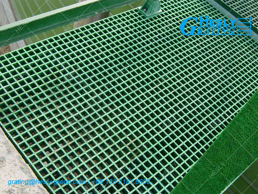 Green Moulded GRP Grating | 38X38mm square hole | 38mm thickness | photovoltaic platform  - HeslyGrating