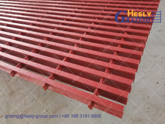 GRP Pultruded Phenolic Grating, high 38mm, 38X15mm I bar, Fire Retardant, Rose Red, HESLY FRP grating China supplier