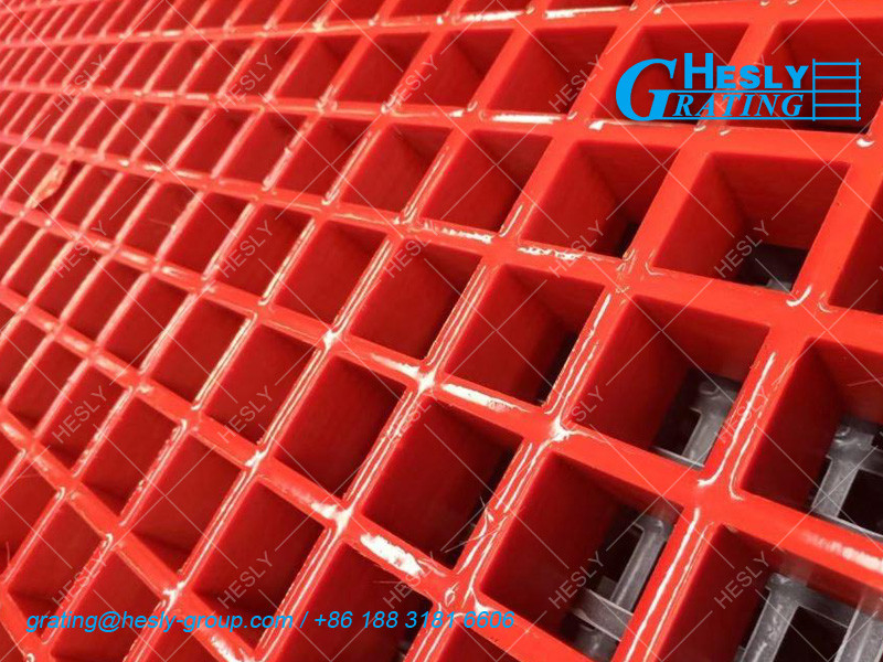 Molded Fiberglass Grating For Vessel Deck | 38mm thickness | Color Red | 1X1m | Hesly Grating China