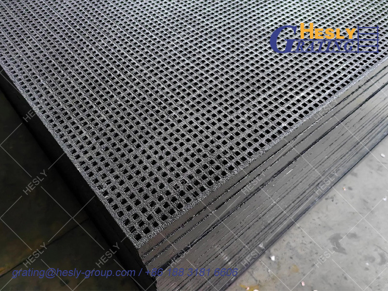 Mini Mesh FRP Molded Grating, 50mm panel thickness, 25*25mm holes, Dark Grey, 1220X3660mm, Gritted Surface, China HESLY