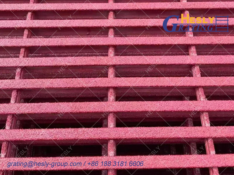 GRP Pultruded Phenolic Grating, high 38mm, 38X15mm I bar, Fire Retardant, Rose Red, HESLY FRP grating China supplier