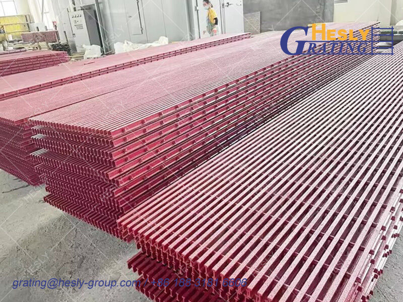 GRP Pultruded Phenolic Grating, high 38mm, 38X15mm I bar, Fire Retardant, Rose Red, HESLY FRP grating China supplier