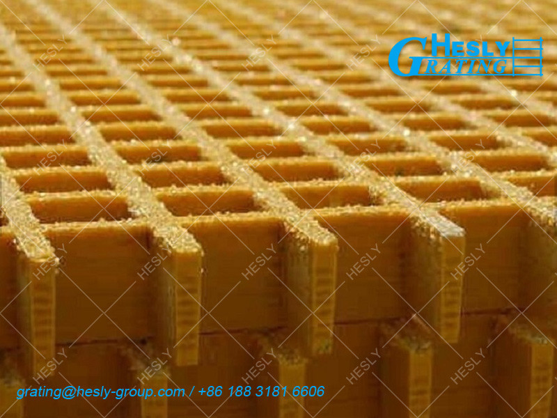 GRP Molded Grating, Gritted Surface, Color Yellow, 25mm thickness, square hole 25X25mm, Factory supplier China