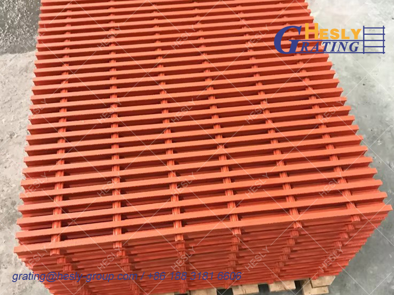 GRP Pultruded Phenolic Grating, high 38mm, 38X15mm I bar, Fire Retardant, Rose Red, HESLY FRP grating China supplier